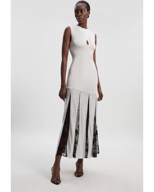 Karen Millen Viscose Blend Slinky Sheer Lace Detail Knit Maxi Dress - White
