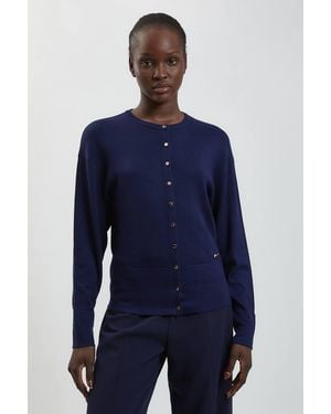 Karen Millen Forever Viscose Blend Knitted Stitch Detail Balloon Sleeve Cardigan Jumper - Blue