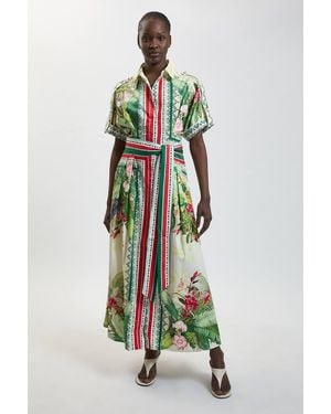 Karen Millen Cotton Sateen Floral Woven Belted Maxi Shirt Dress - White