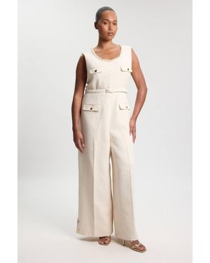 Karen Millen Plus Size Tweed Embellished Trim Tailored Wide Leg Jumpsuit - Natural
