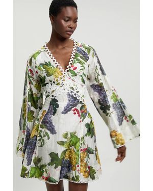 Karen Millen Fruit Print Tape Detail Long Sleeve Woven Mini Dress - Multicolour