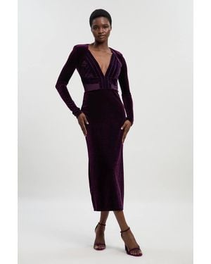 Karen Millen Petite Stretch Velvet Taping Detail Mesh Plunge Neck Cut Out Back Midi Dress - Blue