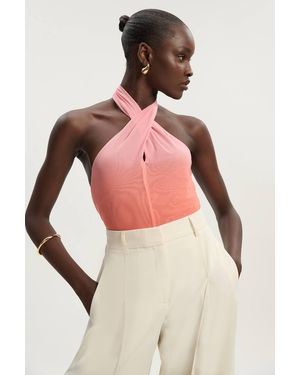 Karen Millen Sunset Ombre Mesh Cross Halter Jersey Bodysuit - Pink