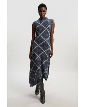 Karen Millen Tweed Yarn Fringe Trim Knitted Dress - Blue