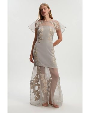 Karen Millen Tall Quilted Applique Organdie Angel Sleeve Woven Maxi Dress - Natural