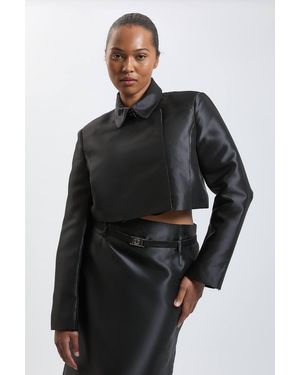 Karen Millen Plus Size Forever Satin Twill Cropped Wrap Tailored Jacket - Black