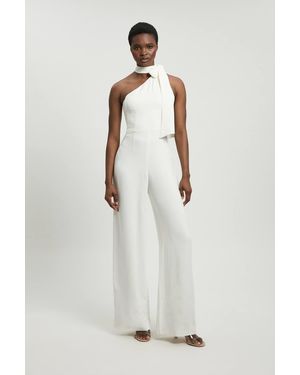Karen Millen Satin One Shoulder Pleat Detail Jumpsuit - White