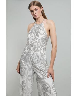 Karen Millen Embellished Geo Halter Woven Jumpsuit - Grey
