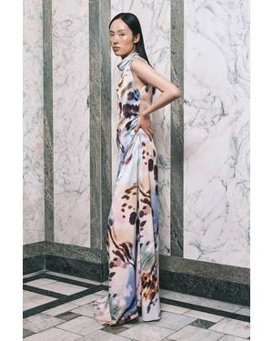 Karen Millen Satin Viscose Printed Cowl Neck Maxi Dress - Grey