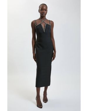 Karen Millen Bandage Figure Form Knit Embellished Strappy Maxi Dress - Black