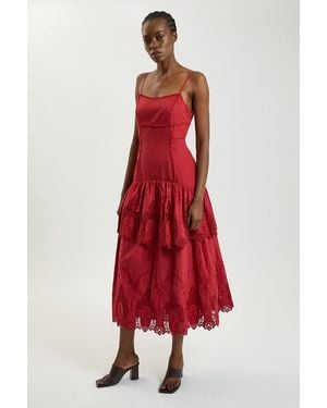 Karen Millen Petite Cotton Cutwork Strappy Woven Midi Dress - Red