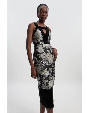 Karen Millen Velvet And Jacquard Contrast Strappy Tailored Midi Dress - Multicolour