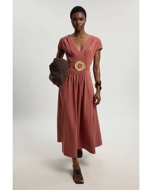 Karen Millen Shirred V Neck Belt Detail Woven Maxi Dress