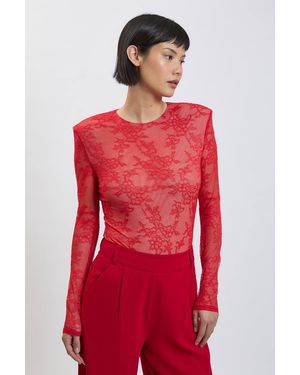 Karen Millen Petite Lace Long Sleeve Bodysuit - Red