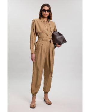Karen Millen Cupro Utility Twill Woven Trouser - Natural