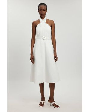 Karen Millen Petite Tailored Cotton Sateen Pencil Belted Midi Dress - White
