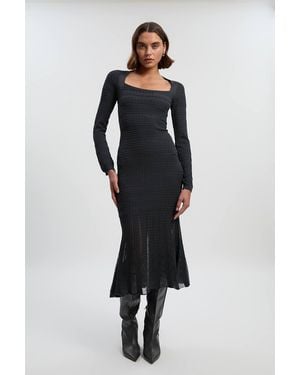 Karen Millen Pointelle Stitch Detail Sheer Panel Knit Midi Dress - Black