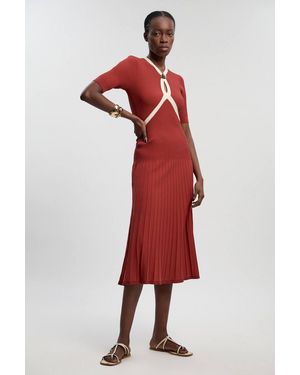 Karen Millen Rib Knit Trim Detail Full Skirt Short Sleeve Midi Dress - Red