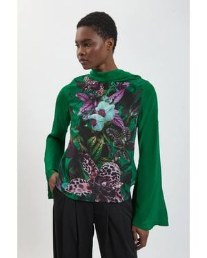 Karen Millen Placement Orchid Print Drama Sleeve Top - Green