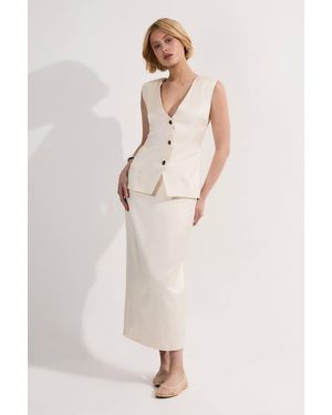 Karen Millen Premium Viscose Linen Tailored Ruffle Pencil Midi Dress - Natural