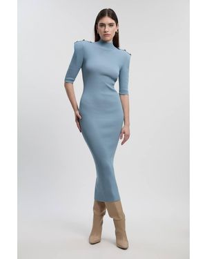 Karen Millen Viscose Blend Rib Knit Power Shoulder Military Trim Maxi Dress - Blue