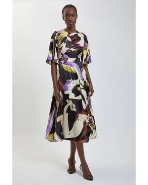 Karen Millen Viscose Satin Crepe Printed Ruffle Detail Midi Dress - White