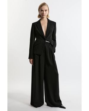 Karen Millen Tailored Crepe Pleat Detail Wide Leg Trousers - Black