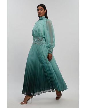 Karen Millen Ombre Crinkle Georgette Embellished Pleat Detail Midi Dress - Green