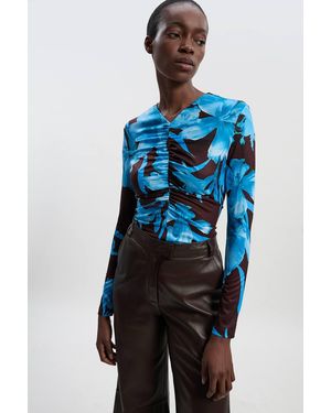 Karen Millen Floral Print Crepe High Neck Top - Blue