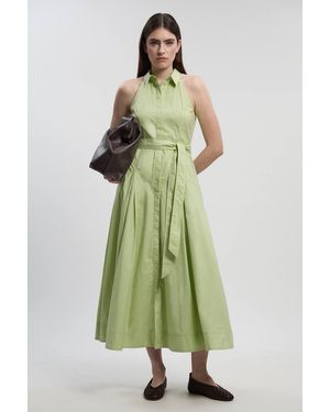 Karen Millen Cotton Collared Halter Neck Woven Midi Shirt Dress With Dropped Waist Detail - Green