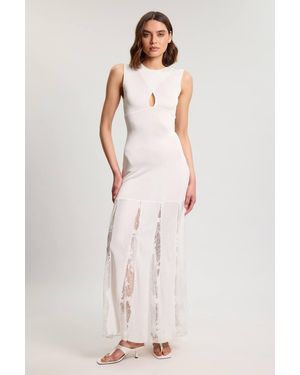 Karen Millen Viscose Blend Slinky Sheer Lace Detail Knit Maxi Dress - White