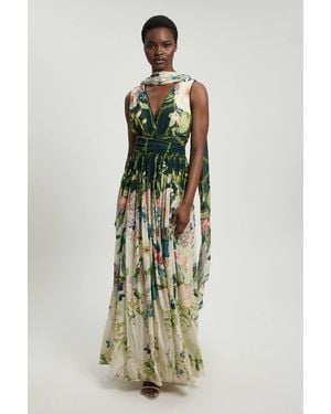 Karen Millen Crinkle Georgette Floral Print Halter Neck Woven Maxi Dress - Green