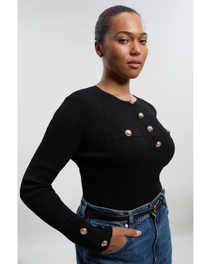Karen Millen Plus Size Forever Military Trim Rib Long Sleeve Knit Top - Black