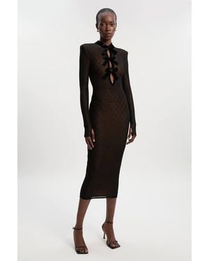 Karen Millen Mesh With Velvet Bow Trim Detail Long Sleeve Midi Dress - Black