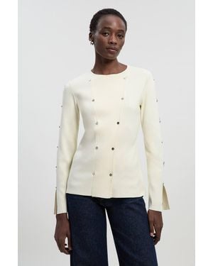 Karen Millen Viscose Blend Stud Detail Long Sleeve Knit Top - Natural
