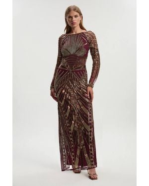 Karen Millen Premium Mirrored Crystal Embellished Woven Long Sleeve Column Dress - Brown