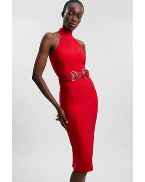 Karen Millen Bandage High Neck Buckle Trim Midi Dress - Red