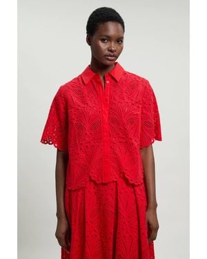 Karen Millen Cotton Broderie Short Sleeve Blouse - Red