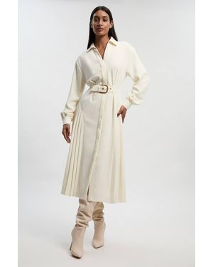 Karen Millen Tailored Crepe Belted Pleated Midi Dress - Natural
