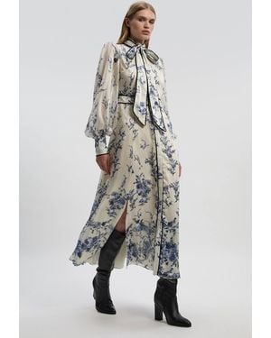 Karen Millen Floral Print Tie Neck Woven Balloon Sleeve Midaxi Dress - Blue