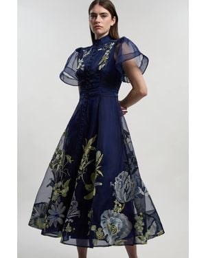 Karen Millen Botanical Embroidery Organdie Angel Sleeve Midi Dress - Blue