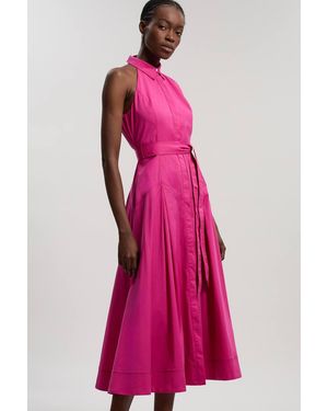 Karen Millen Cotton Collared Halter Neck Woven Midi Shirt Dress With Dropped Waist Detail - Pink