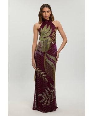 Karen Millen Tropical Beaded Strappy Back Woven Halter Maxi Dress - Red