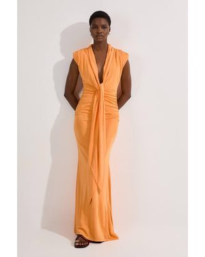 Karen Millen Plunge Ruched Twist Jersey Maxi Dress - Orange