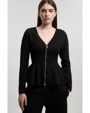 Karen Millen Ponte Peplum Sleeve V Neck Top - Black