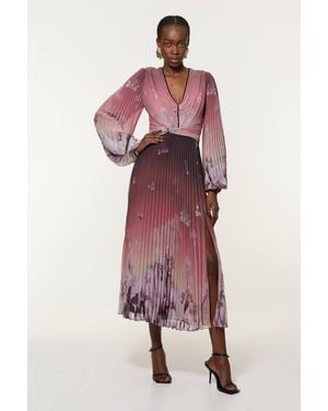 Karen Millen Crinkle Pleat Border Balloon Sleeve Woven Maxi Dress - Pink