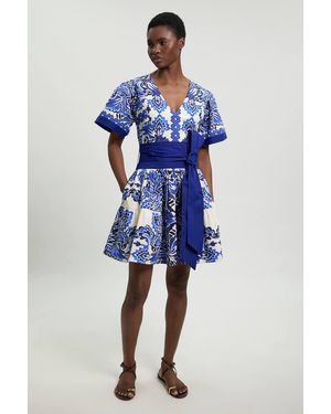 Karen Millen Petite Tile Print Cotton Poplin Mini Dress - Blue