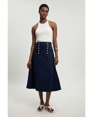 Karen Millen Cotton Tailored Button Detail Midi Skirt - Blue
