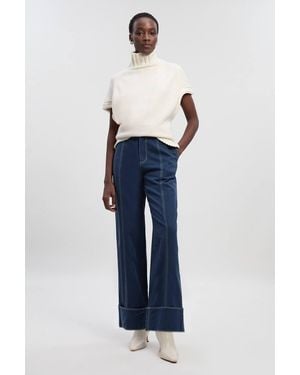 Karen Millen Petite Tencel Cotton Contrast Stitch Woven Straight Leg Trouser - Blue