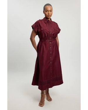 Karen Millen Plus Size Cotton Sateen With Lace Trim Pocket Detail Shirt Dress - Red
